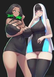 Rule 34 | 2girls, bare shoulders, black background, black dress, black hair, black legwear, blue dress, blue eyes, blunt bangs, blush, breasts, carbon12th, cleft of venus, closed mouth, covered erect nipples, covered navel, dark-skinned female, dark skin, dress, from below, game console, glowing, glowing eyes, green eyes, green hair, highres, huge breasts, licking lips, long hair, looking at viewer, medium breasts, microsoft, multicolored clothes, multicolored dress, multiple girls, original, parted lips, playstation 5, product girl, pussy, short hair, simple background, smile, sony, symbol-shaped pupils, thighhighs, thighs, tongue, tongue out, upskirt, white hair, x x, xbox series x