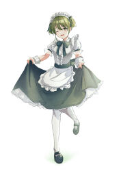 Rule 34 | 1girl, ;d, alternate costume, apron, black footwear, black skirt, center frills, enmaided, frills, full body, green eyes, green hair, highres, idolmaster, idolmaster shiny colors, lairu0528, looking at viewer, maid, maid apron, maid headdress, nanakusa nichika, one eye closed, open mouth, pantyhose, puffy short sleeves, puffy sleeves, shirt, short sleeves, skirt, skirt hold, smile, solo, striped clothes, striped shirt, two side up, vertical-striped clothes, vertical-striped shirt, waist apron, white apron, white pantyhose, white shirt, wrist cuffs