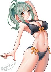 Rule 34 | 1girl, absurdres, alternate costume, arched back, bikini, black bikini, breasts, brown eyes, cleavage, cowboy shot, dated, front-tie bikini top, front-tie top, green hair, hair ribbon, highres, kantai collection, katou shinobu, leaning back, medium breasts, one-hour drawing challenge, ponytail, ribbon, side-tie bikini bottom, simple background, solo, swimsuit, twitter username, white background, white ribbon, yuubari (kancolle), yuubari kai ni (kancolle)