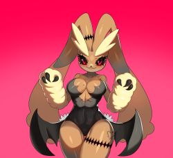 Rule 34 | 1girl, absurdres, animal ear fluff, animal ears, breasts, claws, cleavage, creatures (company), drunkoak, fake wings, fang, furry, furry female, game freak, gen 4 pokemon, gradient background, highres, large breasts, leotard, lopunny, mole, mole on breast, nintendo, pokemon, pokemon (creature), rabbit ears, rabbit girl, red background, red eyes, simple background, solo, tattoo, wings