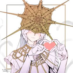 Rule 34 | 1boy, absurdres, akumana, androgynous, artist name, blush, clothes, crossdressing, crown, dark souls (series), dark souls i, dark sun gwyndolin, frilled sleeves, frills, from software, gloves, gold trim, heart, heart hands, highres, long sleeves, mask, mask on head, short hair, signature, smile, sun symbol, white background, white gloves, white hair