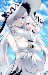 Rule 34 | 2girls, absurdres, azur lane, black footwear, blue eyes, blue sky, breasts, cleavage, dress, elbow gloves, gloves, hat, highres, illustrious (azur lane), lace-trimmed headwear, lace trim, large breasts, little illustrious (azur lane), long hair, multiple girls, one eye closed, open mouth, pantyhose, samip, shoes, sky, sun hat, very long hair, white bag, white dress, white gloves, white hair, white headwear, white legwear, white theme