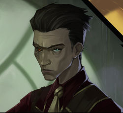 Rule 34 | 1boy, arcane: league of legends, black sclera, closed mouth, collared shirt, colored sclera, grey background, grey eyes, heterochromia, highres, jangsunyo, league of legends, looking at viewer, male focus, necktie, orange eyes, red shirt, scar, scar across eye, scar on face, shirt, short hair, silco (arcane), solo, vest