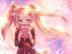 Rule 34 | 1girl, ahoge, azur lane, black jacket, blazer, blonde hair, blush, brown skirt, cherry blossoms, commentary request, covered mouth, dolce (dolsuke), eldridge (azur lane), eldridge (the inquisitive recluse) (azur lane), facial mark, fingernails, flower, hair ornament, hairclip, hands up, heart, heart ahoge, holding, jacket, long hair, looking away, looking to the side, petals, pink flower, red eyes, skirt, solo, two side up, very long hair