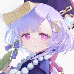 Rule 34 | 1girl, 750x077, bangs pinned back, bead necklace, beads, bellflower, braid, braided ponytail, coin hair ornament, dress, flower, genshin impact, hair ornament, hat, highres, jewelry, jiangshi, light smile, long hair, long sleeves, looking at viewer, necklace, ofuda, ofuda on head, portrait, purple eyes, purple hair, purple hat, qingdai guanmao, qiqi (genshin impact), raccoon hood, signature, smile, solo, talisman