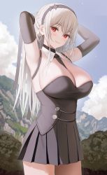 Rule 34 | 1girl, absurdres, arm warmers, armpits, arms up, bad id, bad pixiv id, bare shoulders, between breasts, black dress, breasts, cleavage, commission, covered erect nipples, cowboy shot, day, detached collar, dress, highres, large breasts, long hair, looking at viewer, myabit, original, outdoors, pleated dress, red eyes, silver hair, skindentation, sleeveless, sleeveless dress, smile, solo, standing, strapless, strapless dress, sweat