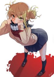 10s 1girl absurdres blonde_hair blue_socks blunt_bangs boku_no_hero_academia cardigan double_bun female_focus hair_bun highres jovejun kneehighs loafers messy_hair neckerchief pleated_skirt red_neckerchief school_uniform serafuku shoes sidelocks simple_background skirt slit_pupils socks solo toga_himiko white_background yellow_eyes