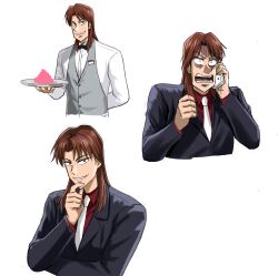 Rule 34 | 1boy, black bow, black bowtie, black jacket, blazer, bow, bowtie, brown hair, buttons, collared shirt, commentary, formal, fukumoto nobuyuki (style), gloom (expression), grey vest, grin, hand on own chin, holding, holding phone, holding tray, ichijou seiya, jacket, joukyou seikatsuroku ichijou, kaiji, long hair, long sleeves, looking at viewer, male focus, medium bangs, multiple views, necktie, official style, open mouth, parody, phone, red shirt, shirt, simple background, smile, style parody, suit, tray, upper body, vest, waiter, white background, white necktie, white shirt, yologyeolseogchung-gyeogpaswaeseogsul