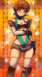 Rule 34 | 1girl, absurdres, alternate costume, arm around waist, blush, breasts, brown eyes, brown hair, cleavage, detached sleeves, fingerless gloves, gloves, gluteal fold, high-cut armor (persona), highres, knee pads, navel, official alternate costume, persona, persona 4, persona 4 the golden, satonaka chie, short hair, short shorts, shorts, smile, solo, stomach, thighhighs, toasty scones
