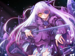 Rule 34 | 00s, 1girl, barasuishou, blush, dress, eyepatch, hair ornament, holding, light particles, long hair, looking at viewer, misaki (kyal 001), rozen maiden, silver hair, solo, sword, twintails, two side up, weapon, yellow eyes