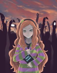 Rule 34 | 1girl, 4chan, absurdres, arm up, bad id, bad tumblr id, book, clover, clover hair ornament, controller, four-leaf clover, freckles, game console, game controller, gamepad, green eyes, hair ornament, hairband, handheld game console, highres, hood, hoodie, jiffic, long hair, orange hair, parted bangs, screen light, solo focus, striped clothes, striped hoodie, textless version, virtual boy, vivian james