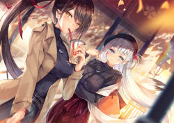 Rule 34 | 2girls, azur lane, bag, beige coat, belt, beret, blue eyes, blurry, blush, breasts, brown hair, buckle, casual, coat, cup, depth of field, drinking, dutch angle, floating hair, hair ornament, hand up, hat, holding, holding cup, inoue takuya (tactactak), jewelry, large breasts, long hair, long sleeves, looking at viewer, mole, mole under eye, multiple belts, multiple girls, necklace, one side up, open clothes, open coat, outdoors, ponytail, red skirt, shawl, shirt, shoukaku (azur lane), silver hair, skirt, smile, sweater, turtleneck, very long hair, wind, zuikaku (azur lane)