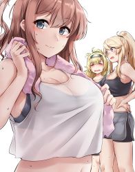 Rule 34 | 3girls, absurdres, alternate hairstyle, bike shorts, black shorts, blonde hair, blue eyes, blush, breasts, brown hair, cleavage, closed mouth, collarbone, closed eyes, gambier bay (kancolle), hair between eyes, headband, highres, iowa (kancolle), kantai collection, kiritto, large breasts, long hair, looking at viewer, midriff, multiple girls, open mouth, pink towel, ponytail, saratoga (kancolle), shorts, side ponytail, simple background, smile, sweat, tank top, towel, towel around neck, white background, white tank top