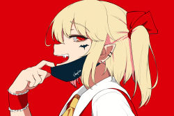 Rule 34 | 1girl, :d, baketsuya, bat tattoo, blonde hair, commentary request, ear piercing, earrings, facial tattoo, fangs, flandre scarlet, from side, hair ribbon, jewelry, looking at viewer, looking to the side, mask, mask pull, mouth mask, open mouth, piercing, pointy ears, red background, red eyes, red ribbon, ribbon, short hair, side ponytail, simple background, smile, solo, stud earrings, tattoo, teeth, touhou, vampire (vocaloid), vocaloid, wrist cuffs