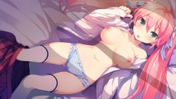 Rule 34 | 1girl, :o, azumaya ruruka, bed, blue panties, blush, bow, bow panties, breasts, game cg, green eyes, hair ribbon, kimi to boku to no kishi no hibi: rakuen no chevalier, lace, lace-trimmed legwear, lace trim, large breasts, legs, long hair, looking at viewer, lying, navel, nipples, no bra, off shoulder, on back, open clothes, open mouth, open shirt, osa (osaosa), panties, pink hair, piriri, polka dot, polka dot panties, ribbon, shirt, skirt, skirt around one leg, sleeves past wrists, solo, thighhighs, thighs, twintails, underwear, undressing, white thighhighs