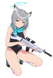 Rule 34 | 1girl, alternate costume, animal ears, blue archive, gun, halo, highres, kuma (jk0073), one-piece swimsuit, scarf, shiroko (blue archive), shoes, simple background, solo, swimsuit, weapon, white background