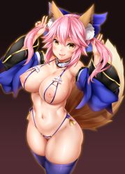 Rule 34 | 10s, 1girl, animal ears, bikini, blue bikini, blue thighhighs, blush, breasts, crotchless, crotchless swimsuit, curvy, detached collar, detached sleeves, fang, fate/extra, fate (series), female pubic hair, fox ears, fox girl, fox tail, hair ribbon, highres, large breasts, long hair, looking at viewer, navel, nippleless clothes, nipples, oni-noboru, open mouth, pink hair, pubic hair, ribbon, smile, solo, swimsuit, tail, tamamo (fate), tamamo no mae (fate/extra), thick thighs, thighhighs, thighs, waifu2x, wide hips, yellow eyes