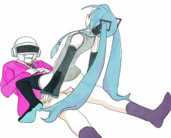 Rule 34 | 1boy, 1girl, aqua hair, bottomless, breasts, clothed sex, commentary, cowgirl position, daft punk, girl on top, hatsune miku, hetero, long hair, necktie, no pants, robot, ryuko azuma, sex, simple background, sketch, small breasts, socks, straddling, thighhighs, thomas bangalter, twintails, uncensored, vaginal, very long hair, vocaloid, white background