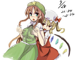Rule 34 | 2girls, asymmetrical hair, asymmetrical wings, beret, blonde hair, blue eyes, blush, braid, grabbing another&#039;s breast, chinese clothes, dated, dress, flandre scarlet, grabbing, hair ribbon, hat, hong meiling, long hair, mob cap, multiple girls, parted bangs, puffy short sleeves, puffy sleeves, red dress, red eyes, red hair, ribbon, short hair, short sleeves, side ponytail, signature, sketch, to kichiro, touhou, tress ribbon, twin braids, wings