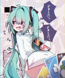 1girl absurdres ahoge arm_behind_back ass black_sclera blue_nails border breasts bright_pupils card charu_(rokushini) colored_sclera from_behind green_hair hatsune_miku highres holding holding_card mimukauwa_nice_try_(vocaloid) open_mouth shirt socks speech_bubble thighhighs twintails uno_(game) vocaloid white_border white_pupils white_shirt white_socks white_thighhighs