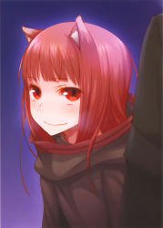 Rule 34 | 1girl, absurdres, animal ears, ayakura juu, brown hair, full body, highres, holo, hood, long hair, looking at viewer, official art, red eyes, smile, solo, spice and wolf, wolf ears