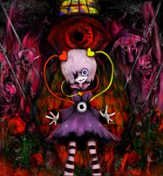 Rule 34 | 1girl, @ @, blue eyes, c.n.c., creepy, dress, eyelashes, female focus, flower, hair over one eye, heart, horns, horror (theme), komeiji satori, pale skin, pantyhose, plant, polearm, purple hair, ringed eyes, rose, short hair, single horn, skeleton, solo, spear, stained glass, striped clothes, striped pantyhose, teeth, third eye, thorns, torn clothes, torn dress, touhou, traditional media, vines, weapon
