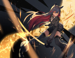 Rule 34 | 1girl, animal ear fluff, animal ears, arknights, black capelet, black gloves, capelet, ear piercing, eyebrows hidden by hair, female focus, gloves, highres, holding, holding sword, holding weapon, jacket, leris muma, long hair, piercing, solo, sword, texas (arknights), thighhighs, weapon, yellow eyes