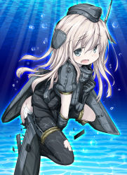 Rule 34 | 10s, 1girl, antennae, ass, black gloves, blonde hair, bubble, covering privates, covering crotch, gloves, grey eyes, hair ornament, hat, inyucchi, kantai collection, machinery, mecha musume, military, military uniform, open mouth, panties, puffy short sleeves, puffy sleeves, short sleeves, solo, thighhighs, torn clothes, torn panties, torn thighhighs, u-511 (kancolle), underwater, underwear, uniform, white panties