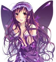 Rule 34 | 10s, 1girl, accel world, antenna hair, breasts, brown eyes, cleavage, collarbone, detached sleeves, dress, headdress, kuroyukihime, long hair, navel, open mouth, purple dress, purple hair, simple background, small breasts, solo, white background, wings, yagami shuuichi