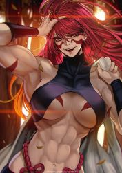 Rule 34 | 1girl, abs, adjusting hair, arm tattoo, arm up, armpits, artist name, bare shoulders, biceps, black shirt, blouse, breast tattoo, breasts, collarbone, commentary, covered collarbone, english commentary, facial mark, fuuma kotarou (tenkaichi), highres, large breasts, long hair, looking at viewer, magion02, messy hair, muscular, muscular female, navel, open mouth, patreon username, red eyes, red hair, rope, shirt, signature, solo, tattoo, teeth, tenkaichi nihon saikyou bugeisha ketteisen, turtleneck, underboob, upper body, upper teeth only, wristband