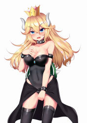 Rule 34 | 1girl, absurdres, armlet, bare shoulders, black thighhighs, blonde hair, blue eyes, blue gemstone, blush, bowsette, bracelet, breasts, cleavage, collar, collarbone, covered navel, cowboy shot, crown, gem, hair between eyes, hair down, highres, horns, jewelry, leotard, long hair, mario (series), medium breasts, new super mario bros. u deluxe, nintendo, no tail, open mouth, scowl, sharp teeth, simple background, solo, spiked armlet, spiked bracelet, spiked collar, spikes, standing, super crown, tail, teeth, thighhighs, v-shaped eyebrows, white background, zhai mu q