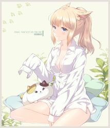 Rule 34 | 1girl, animal ears, ayamisiro, blonde hair, blue eyes, border, breasts, brown border, buttons, cat, cat ears, cat girl, cat tail, cheek press, cleavage, collared shirt, copyright name, cushion, fat cat (ff14), feet out of frame, final fantasy, final fantasy xiv, highres, leaf, light blush, medium breasts, medium hair, miqo&#039;te, partially unbuttoned, paw print, plant, ponytail, shirt, simple background, sitting, sleeves past fingers, sleeves past wrists, slit pupils, smile, solo, tail, wariza, warrior of light (ff14), white shirt, yellow background