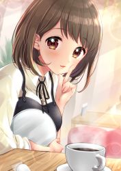 Rule 34 | 1girl, absurdres, akowazaki, apron, black ribbon, brown eyes, brown hair, chair, coffee, coffee mug, cup, highres, holding, holding tray, index finger raised, indoors, mole, mole on neck, mug, original, parted lips, ribbon, solo, table, tray, upper body, waitress