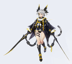 Rule 34 | 1girl, absurdres, black legwear, cat tail, charles (106858), clothing request, copyright request, earrings, eyepatch, full body, grey background, hair ornament, highres, jewelry, school uniform, serafuku, shoes, silver hair, simple background, solo, standing, sword, tagme, tail, thighs, weapon, weapon request, white background, yellow eyes