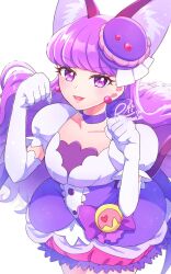 1girl animal_ears bow bow_choker breasts cat_ears choker cure_macaron earrings elbow_gloves extra_ears food-themed_hair_ornament gloves grey_background hair_ornament highres jewelry kirakira_precure_a_la_mode long_hair looking_at_viewer macaron_hair_ornament magical_girl medium_breasts paw_pose pom_pom_(clothes) pom_pom_earrings pouch precure purple_choker purple_eyes purple_hair purple_tail ribbon_choker rii_(rii0_02) solo tail white_gloves