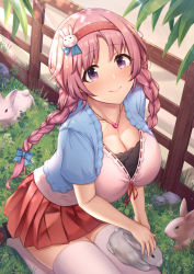 Rule 34 | 1girl, aged up, blush, bow, braid, breasts, cleavage, collarbone, commentary request, day, grass, hair bow, hairband, heart, highres, jewelry, kannko bokujou, kneeling, large breasts, long hair, looking at viewer, mimi (princess connect!), necklace, outdoors, pink hair, princess connect!, purple eyes, rabbit, rabbit ornament, short sleeves, skirt, smile, solo, thighhighs, twin braids, white thighhighs, zettai ryouiki