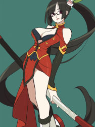Rule 34 | 1girl, arc system works, bare shoulders, black bra, black hair, blazblue, blazblue: calamity trigger, bra, breasts, china dress, chinese clothes, cleavage, dress, female focus, glasses, kedamansan, lao jiu, lingerie, litchi faye ling, long hair, polearm, ponytail, red eyes, simple background, solo, staff, underwear, very long hair, weapon