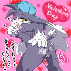 Rule 34 | 1boy, animal ears, ass, blush, chocolate, cum, furry, furry male, hat, heart, kaze no klonoa, klonoa, looking back, male focus, melting, muscular, namco, nipples, one eye closed, penis, saliva, solo, sweat, tail, testicles, tongue, translation request, valentine, white chocolate, wink, yellow eyes