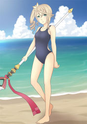 Rule 34 | 10s, 1girl, alisha diphda, aqua eyes, bare shoulders, barefoot, beach, breasts, brown hair, long hair, ocean, polearm, sand, side ponytail, small breasts, spear, swimsuit, tales of (series), tales of zestiria, weapon