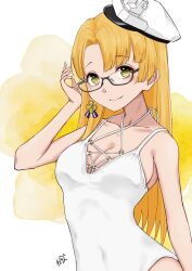 Rule 34 | 1girl, blonde hair, blush, breasts, casual one-piece swimsuit, cleavage, covered navel, cowboy shot, glasses, green eyes, grey-framed eyewear, hat, highres, kantai collection, long hair, medal, medium breasts, navy cross, neve (morris-minicooper), northampton (kancolle), one-piece swimsuit, peaked cap, semi-rimless eyewear, signature, smile, swimsuit, white background, white headwear, white one-piece swimsuit