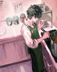 Rule 34 | 1boy, amamiya ren, apron, black-framed eyewear, black hair, black pants, cooking, cooking pot, from above, glasses, green apron, holding, indoors, jar, kitchen, male focus, pants, persona, persona 5, plate, shirt, solo, standing, tasting plate, white shirt, wl8tca