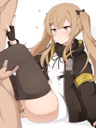 Rule 34 | 1boy, 1girl, :3, absurdres, aftersex, blush, bow, brown eyes, brown hair, clothes pull, cum, cum in pussy, fingerless gloves, fizz (pixiv34498626), girls&#039; frontline, gloves, hair between eyes, hair bow, hand on another&#039;s chest, heart, highres, jacket, leg grab, legs up, long hair, open clothes, open jacket, pantyhose, pantyhose pull, penis, scar, scar across eye, sex, shirt, sidelocks, sitting, twintails, ump9 (girls&#039; frontline), uncensored, white shirt