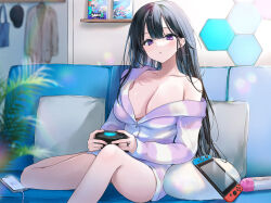 Rule 34 | 1girl, :o, bare shoulders, black hair, blush, breasts, cleavage, collarbone, controller, couch, highres, holding, holding controller, indoors, jacket, large breasts, long hair, long sleeves, looking at viewer, nekoyashiki pushio, nintendo switch, non-web source, off shoulder, original, parted lips, pillow, plant, purple eyes, short shorts, shorts, sitting, solo, spaghetti strap, white jacket