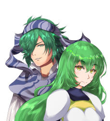 Rule 34 | 1boy, 1girl, armor, blue scarf, breastplate, commentary request, erinys (fire emblem), fire emblem, fire emblem: genealogy of the holy war, green eyes, green hair, grin, hair between eyes, hair over one eye, head scarf, lewyn (fire emblem), long hair, looking at viewer, nintendo, partial commentary, pauldrons, reki (reki13c), scarf, shirt, short hair, shoulder armor, simple background, smile, striped clothes, striped scarf, upper body, very long hair, white background, white shirt
