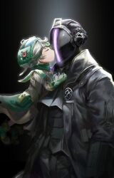 Rule 34 | 1boy, 1girl, black background, black gloves, black suit, blush, bondrewd, closed eyes, coat, cowboy shot, dark background, father and daughter, formal, from side, gloves, glowing, green headwear, helm, helmet, highres, isshiki (1sshiki), jacket, kiss, kissing cheek, light particles, long sleeves, made in abyss, overcoat, prushka, short hair, suit