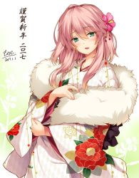 Rule 34 | 1girl, 2017, alternate costume, blue eyes, blush, collarbone, dated, floral print, flower, flower knight girl, fur, hair between eyes, hair flower, hair ornament, hibiscus, highres, japanese clothes, kimono, long hair, long sleeves, looking at viewer, monety, nail polish, new year, parted lips, pink hair, pink nails, scarf, sidelocks, smile, solo, tachiaoi (flower knight girl), translated, upper body, wide sleeves