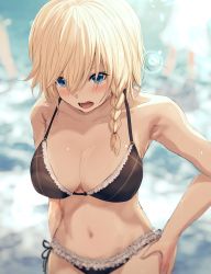 Rule 34 | 1girl, absurdres, armpits, bikini, blue eyes, blurry, blush, braid, breasts, cowboy shot, depth of field, frilled bikini, frills, groin, hand on own hip, highres, lace, lace-trimmed bikini, lace trim, large breasts, looking at viewer, misaki nonaka, navel, open mouth, original, side braid, solo, swimsuit, wet