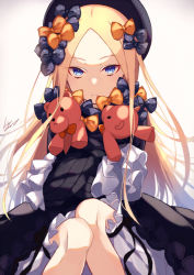 Rule 34 | 1girl, abigail williams (fate), artist name, beret, blonde hair, blue eyes, bow, dress, fate/grand order, fate (series), frilled dress, frilled sleeves, frills, fujikiri yana, gradient background, hair bow, hands in opposite sleeves, hat, holding, holding stuffed toy, knees together feet apart, lolita fashion, long hair, long sleeves, looking at viewer, multiple hair bows, orange bow, parted bangs, polka dot, polka dot bow, sitting, solo, stuffed animal, stuffed toy, teddy bear, too many bows