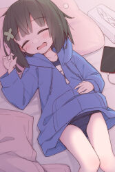 Rule 34 | 1girl, ayanepuna, black hair, blue jacket, blue one-piece swimsuit, blush, cameltoe, closed eyes, collarbone, commentary request, drooling, hand on own stomach, hand up, highres, hood, hooded jacket, jacket, lying, mouth drool, name tag, no pants, old school swimsuit, on back, one-piece swimsuit, open mouth, original, school swimsuit, short hair, sleeping, solo, swimsuit, swimsuit under clothes, thigh focus, yuune (ayanepuna)