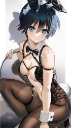 Rule 34 | 1girl, absurdres, animal ears, bare shoulders, black hair, blue eyes, breasts, brown pantyhose, cleavage, closed mouth, fake animal ears, fake tail, genderswap, genderswap (mtf), high heels, highres, houshin engi, leotard, looking at viewer, medium breasts, meme attire, mimoza (96mimo414), pantyhose, playboy bunny, rabbit ears, rabbit tail, short hair, simple background, sitting, solo, sweatdrop, taikoubou, tail, thigh strap, translucent bunnysuit, tray, white background, wrist cuffs